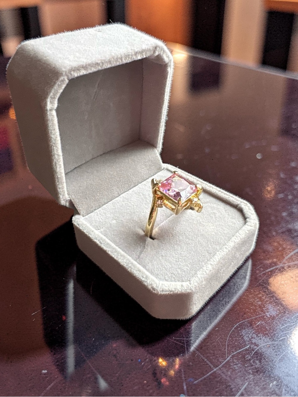 Gold Ring with Square Pink Crystal - Elegant - Picture 4 of 5
